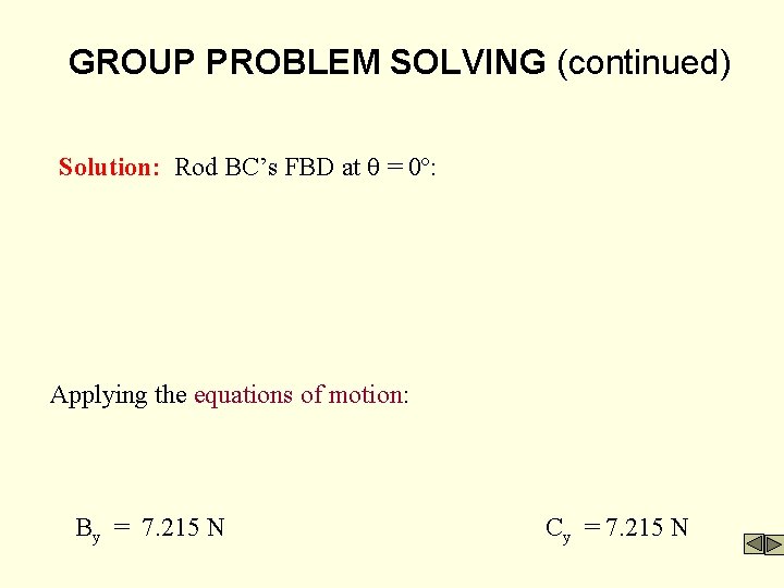 GROUP PROBLEM SOLVING (continued) Solution: Rod BC’s FBD at = 0º: Applying the equations