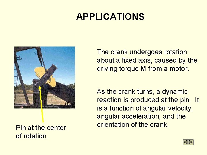 APPLICATIONS The crank undergoes rotation about a fixed axis, caused by the driving torque