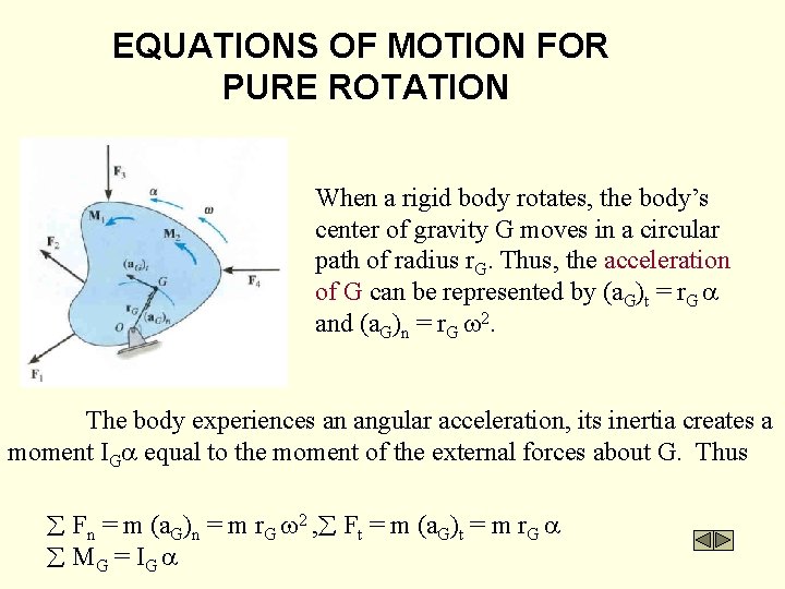 EQUATIONS OF MOTION FOR PURE ROTATION When a rigid body rotates, the body’s center