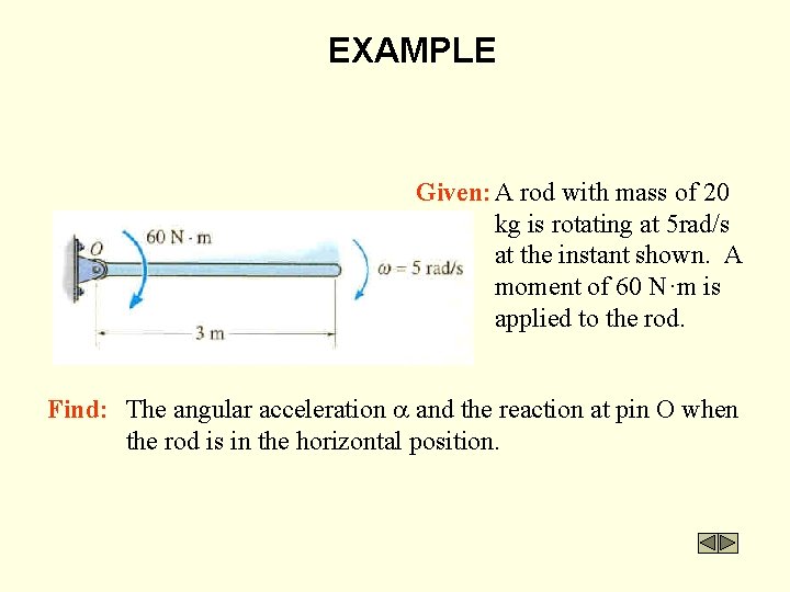 EXAMPLE Given: A rod with mass of 20 kg is rotating at 5 rad/s