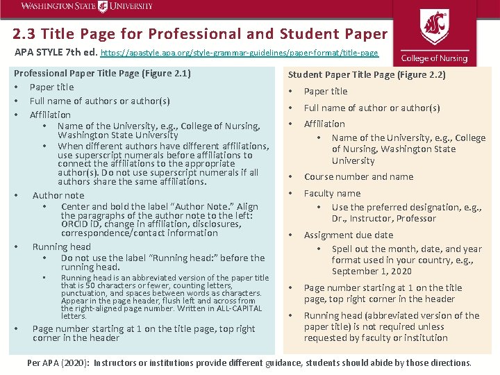 2. 3 Title Page for Professional and Student Paper APA STYLE 7 th ed.