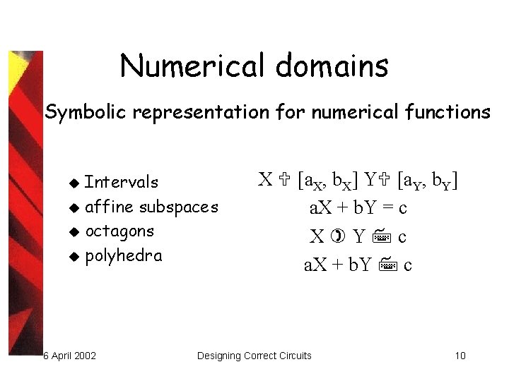 Numerical domains Symbolic representation for numerical functions Intervals u affine subspaces u octagons u