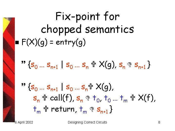 Fix-point for chopped semantics n F(X)(g) = entry(g) {s 0 … sn+1 | s
