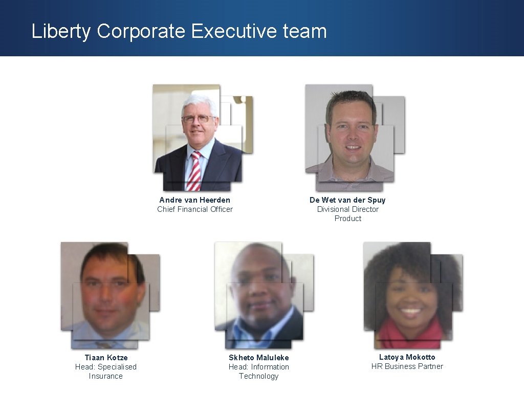 Liberty Corporate Executive team Andre van Heerden Chief Financial Officer Tiaan Kotze Head: Specialised