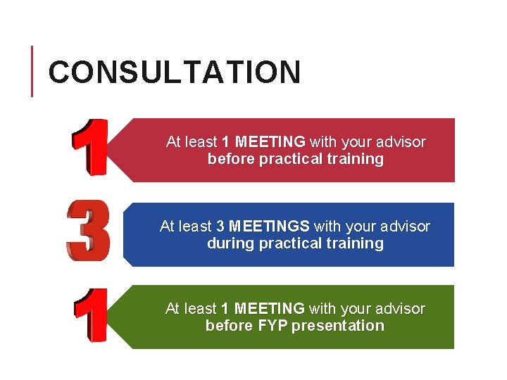 CONSULTATION At least 1 MEETING with your advisor before practical training At least 3