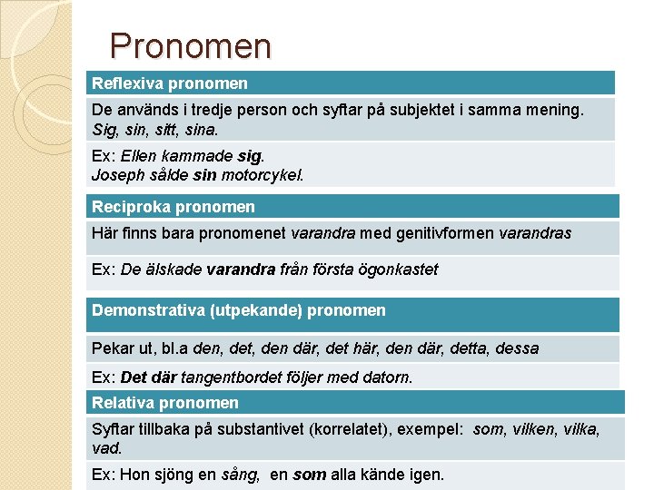 Pronomen Reflexiva pronomen De används i tredje person och syftar på subjektet i samma