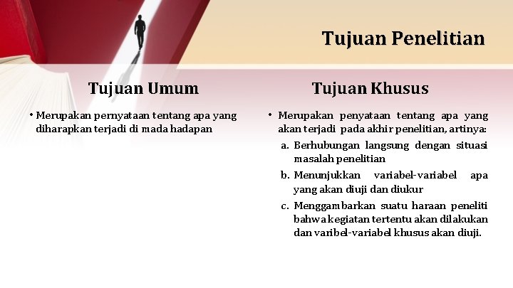 Tujuan Penelitian Tujuan Umum • Merupakan pernyataan tentang apa yang diharapkan terjadi di mada