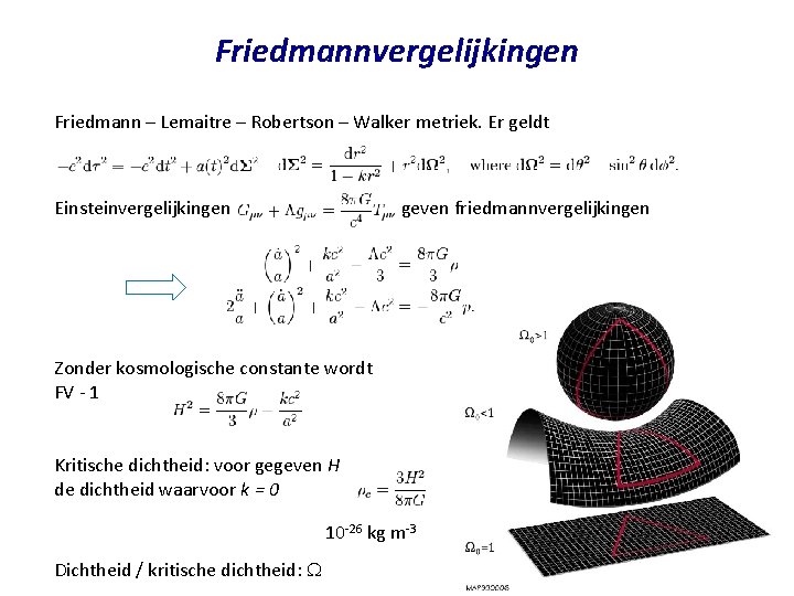 Friedmannvergelijkingen Friedmann – Lemaitre – Robertson – Walker metriek. Er geldt Einsteinvergelijkingen geven friedmannvergelijkingen