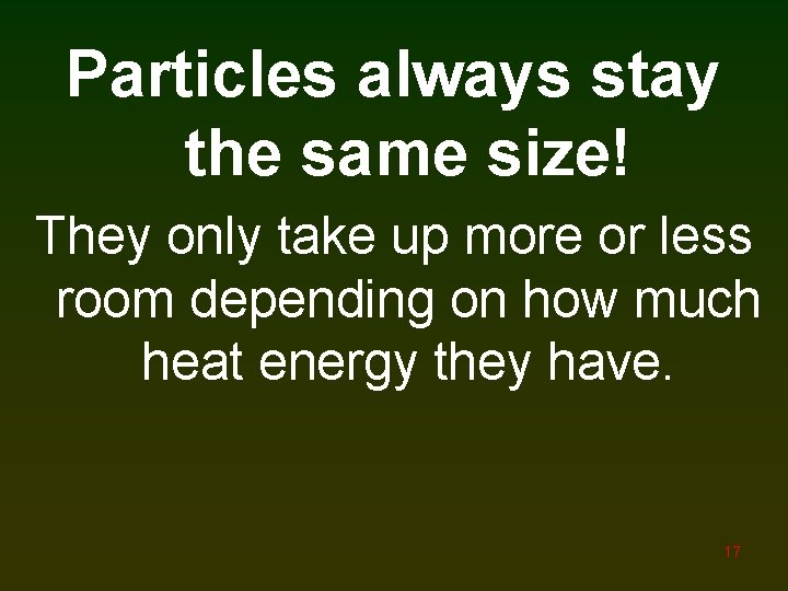 Particles always stay the same size! They only take up more or less room