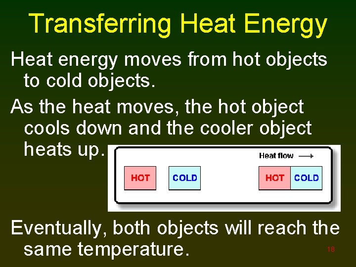 Transferring Heat Energy Heat energy moves from hot objects to cold objects. As the