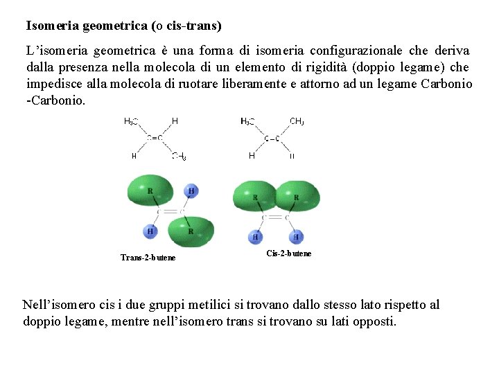Isomeria geometrica (o cis-trans) L’isomeria geometrica è una forma di isomeria configurazionale che deriva