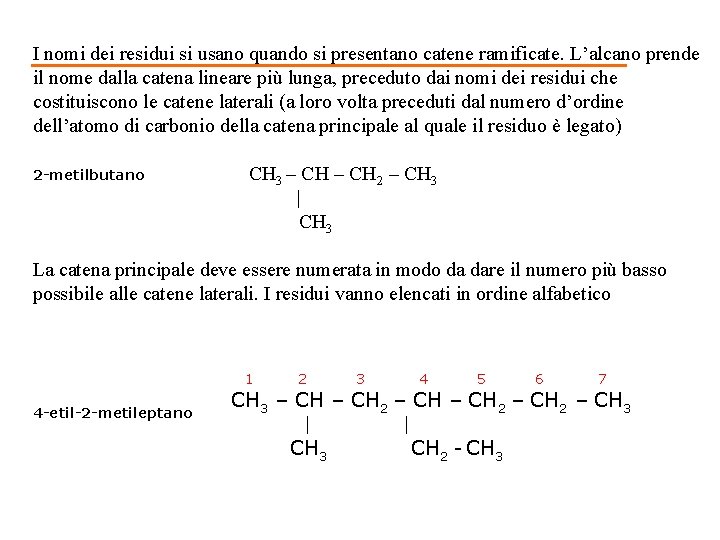 I nomi dei residui si usano quando si presentano catene ramificate. L’alcano prende il