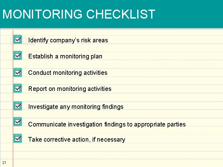 MONITORING CHECKLIST Identify company’s risk areas Establish a monitoring plan Conduct monitoring activities Report