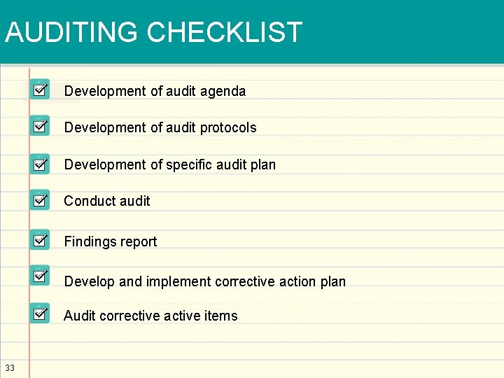 AUDITING CHECKLIST Development of audit agenda Development of audit protocols Development of specific audit