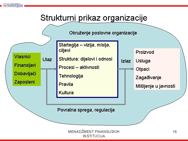 Strukturni prikaz organizacije Okruženje poslovne organizacije Startegija – vizija, misija, ciljevi Vlasnici Ulaz Struktura: