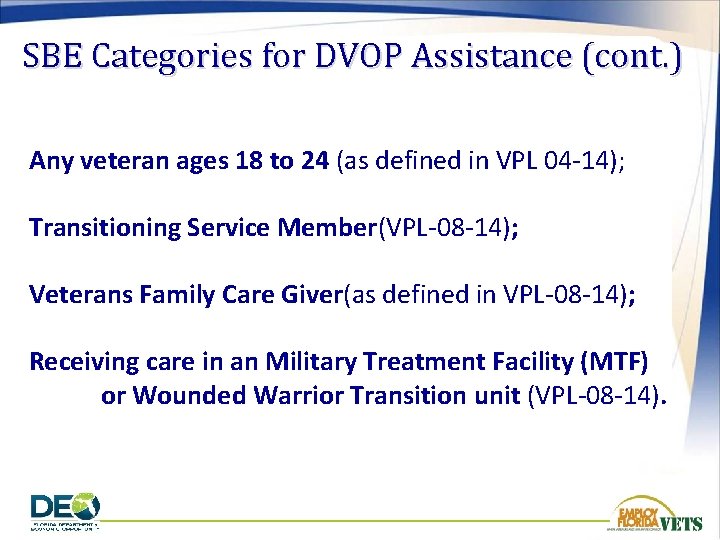 SBE Categories for DVOP Assistance (cont. ) Any veteran ages 18 to 24 (as