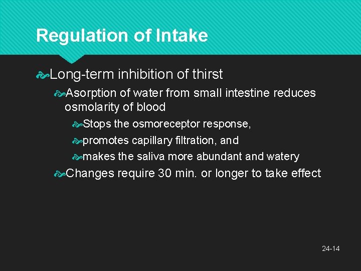 Regulation of Intake Long-term inhibition of thirst Asorption of water from small intestine reduces