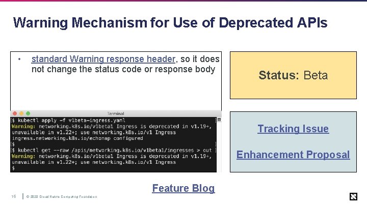 Warning Mechanism for Use of Deprecated APIs • standard Warning response header, so it