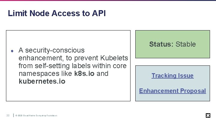 Limit Node Access to API ● A security-conscious enhancement, to prevent Kubelets from self-setting