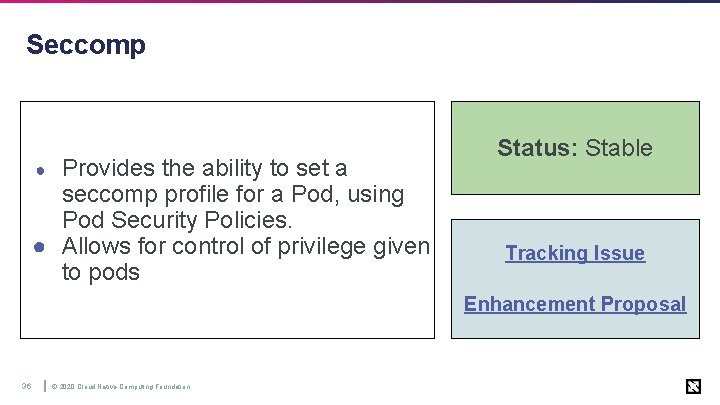 Seccomp Provides the ability to set a seccomp profile for a Pod, using Pod