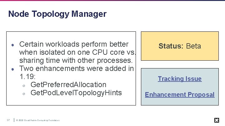 Node Topology Manager ● ● 37 Certain workloads perform better when isolated on one