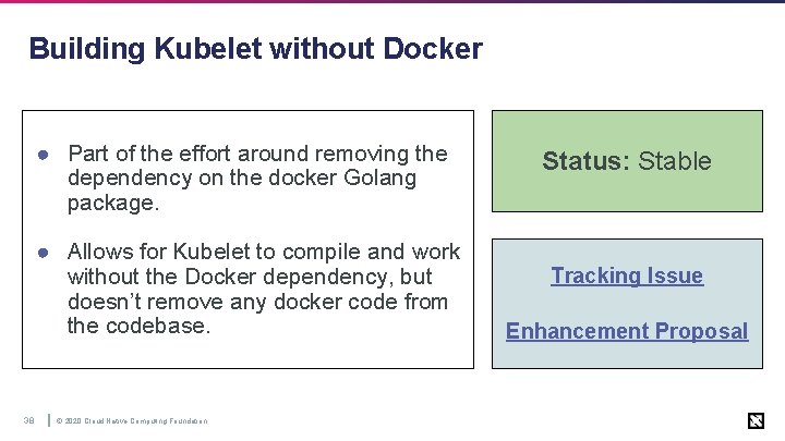 Building Kubelet without Docker ● Part of the effort around removing the dependency on