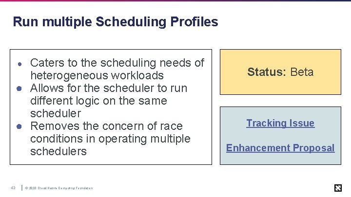 Run multiple Scheduling Profiles Caters to the scheduling needs of heterogeneous workloads ● Allows