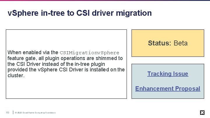v. Sphere in-tree to CSI driver migration Status: Beta When enabled via the CSIMigrationv.