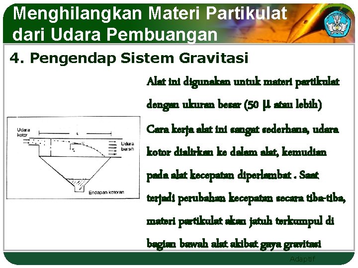 Menghilangkan Materi Partikulat dari Udara Pembuangan 4. Pengendap Sistem Gravitasi Alat ini digunakan untuk