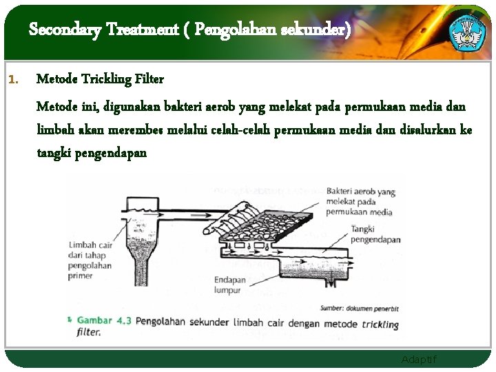 Secondary Treatment ( Pengolahan sekunder) 1. Metode Trickling Filter Metode ini, digunakan bakteri aerob