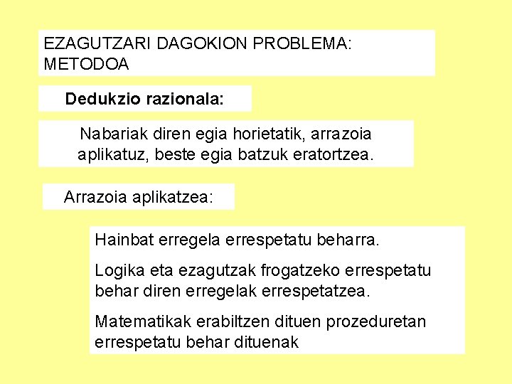 EZAGUTZARI DAGOKION PROBLEMA: METODOA Dedukzio razionala: Nabariak diren egia horietatik, arrazoia aplikatuz, beste egia