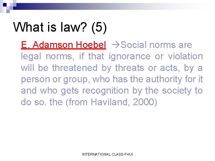 What is law? (5) E. Adamson Hoebel Social norms are legal norms, if that