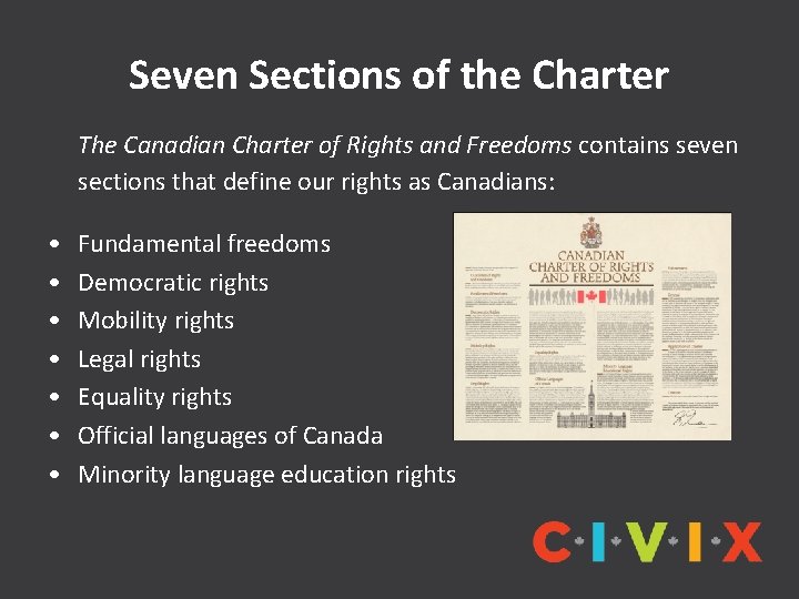 Seven Sections of the Charter The Canadian Charter of Rights and Freedoms contains seven