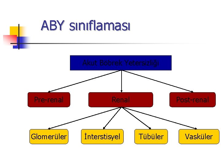 ABY sınıflaması Akut Böbrek Yetersizliği Pre-renal Glomerüler Renal İnterstisyel Post-renal Tübüler Vasküler 