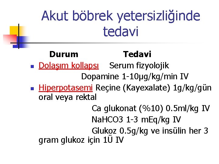 Akut böbrek yetersizliğinde tedavi n n Durum Tedavi Dolaşım kollapsı Serum fizyolojik Dopamine 1