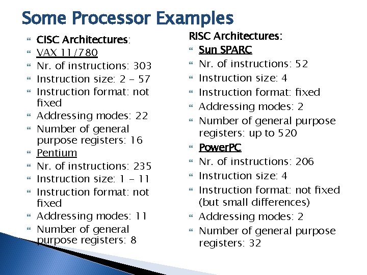 Some Processor Examples CISC Architectures: VAX 11/780 Nr. of instructions: 303 Instruction size: 2