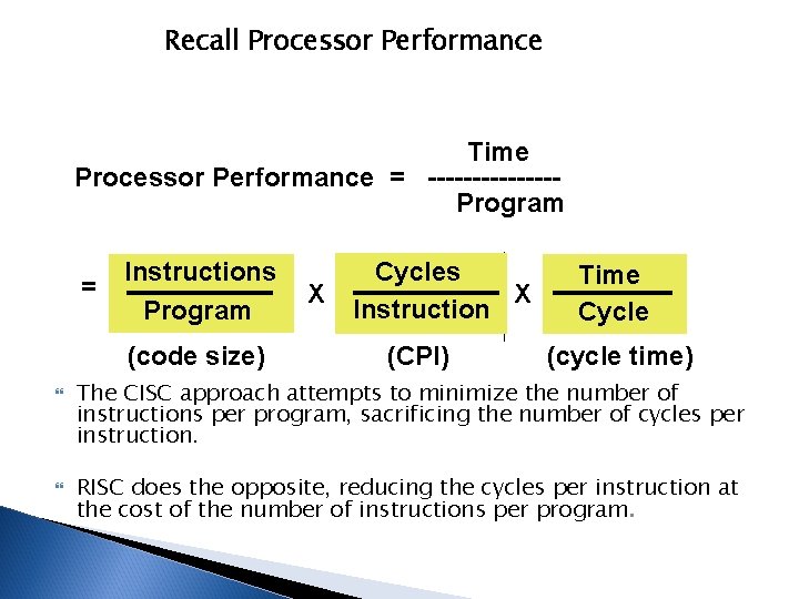 Recall Processor Performance Time Processor Performance = -------Program = Instructions Program (code size) X
