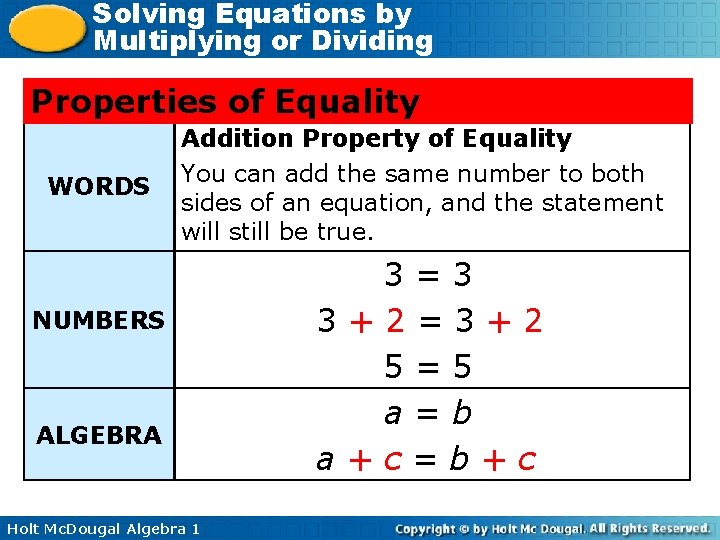 Solving Equations by Multiplying or Dividing Properties of Equality WORDS Addition Property of Equality