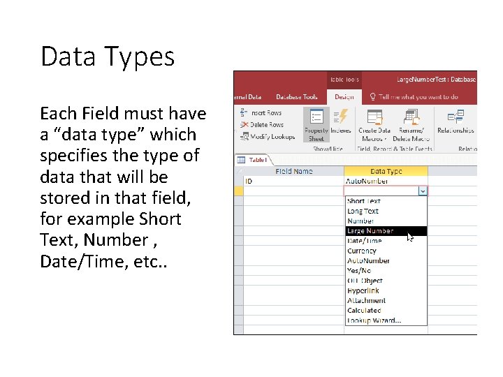 Data Types Each Field must have a “data type” which specifies the type of