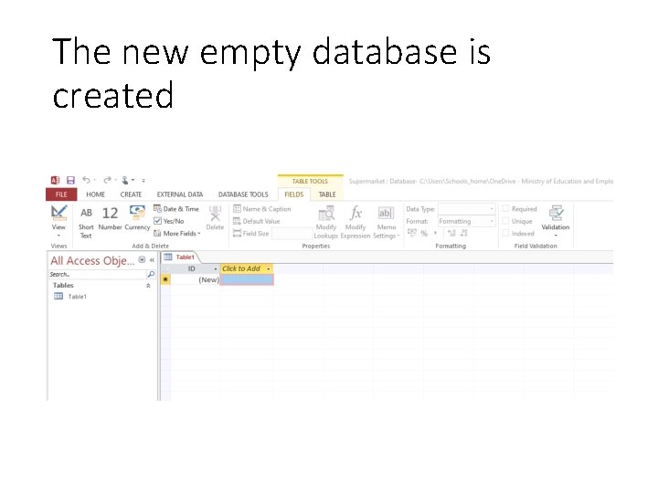 The new empty database is created 