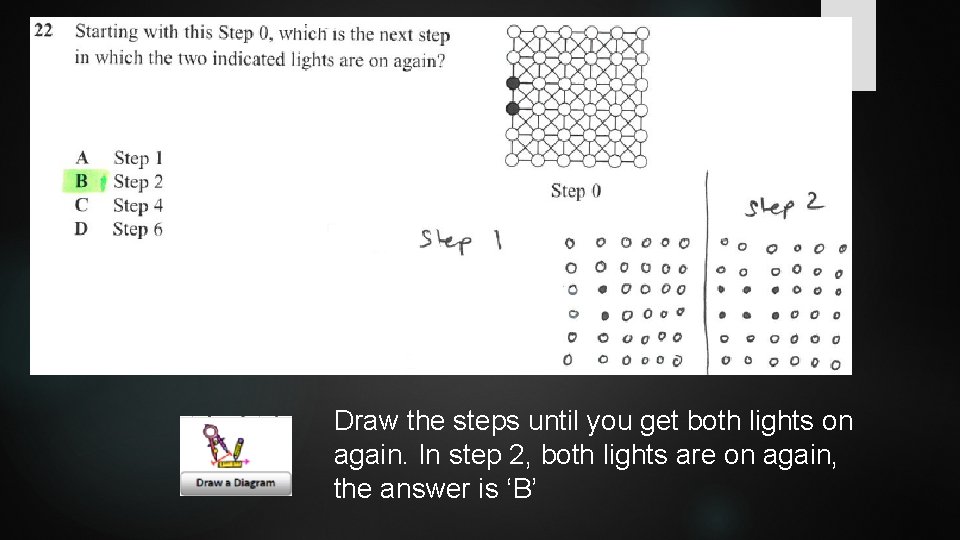 Draw the steps until you get both lights on again. In step 2, both
