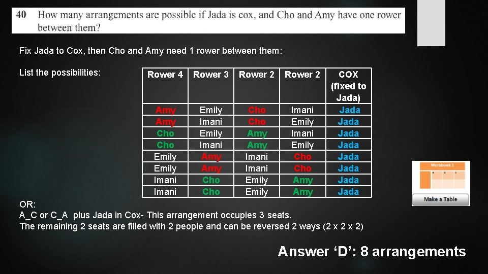 Fix Jada to Cox, then Cho and Amy need 1 rower between them: List