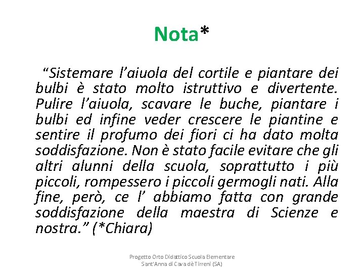 Nota* “Sistemare l’aiuola del cortile e piantare dei bulbi è stato molto istruttivo e