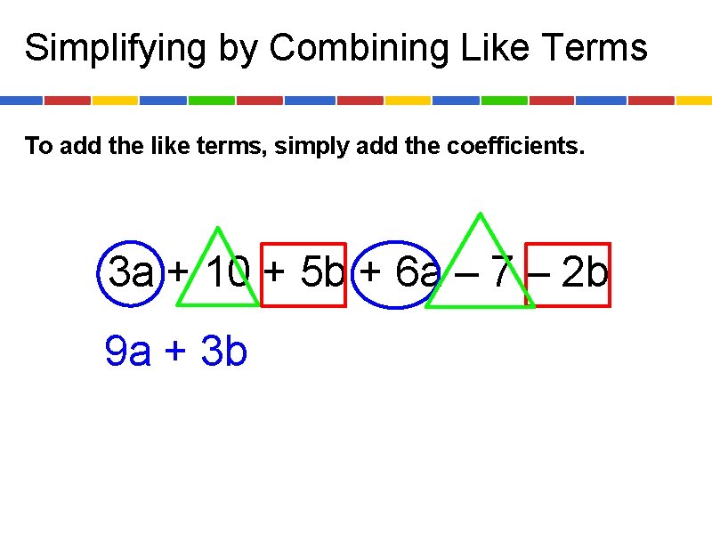 Simplifying by Combining Like Terms To add the like terms, simply add the coefficients.