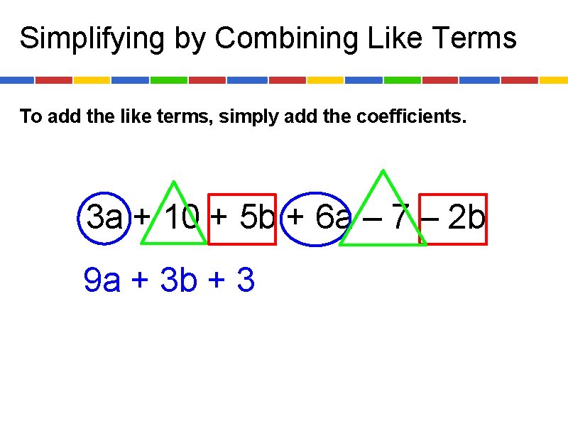 Simplifying by Combining Like Terms To add the like terms, simply add the coefficients.