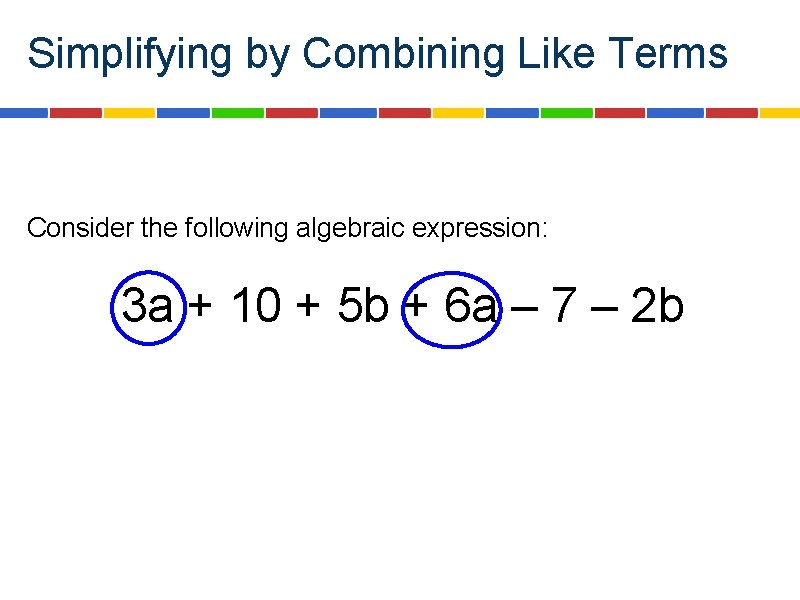 Simplifying by Combining Like Terms Consider the following algebraic expression: 3 a + 10