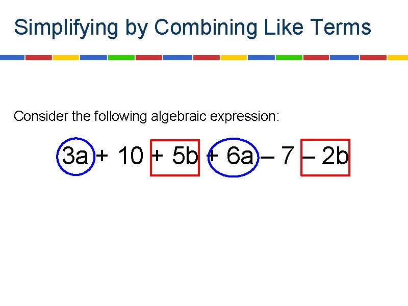 Simplifying by Combining Like Terms Consider the following algebraic expression: 3 a + 10