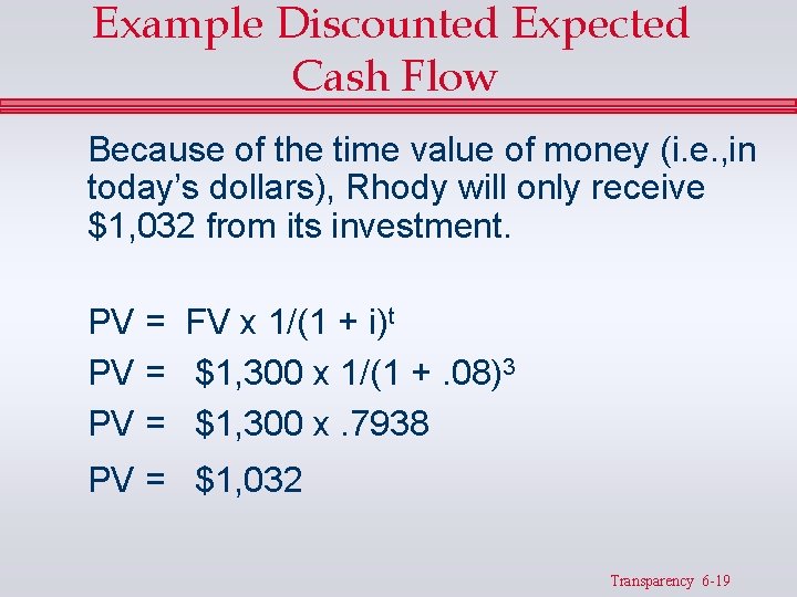 Example Discounted Expected Cash Flow Because of the time value of money (i. e. Example Discounted Expected Cash Flow Because of the time value of money (i. e.