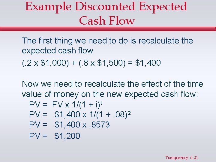 Example Discounted Expected Cash Flow The first thing we need to do is recalculate Example Discounted Expected Cash Flow The first thing we need to do is recalculate