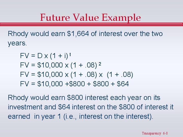Future Value Example Rhody would earn $1, 664 of interest over the two years. Future Value Example Rhody would earn $1, 664 of interest over the two years.